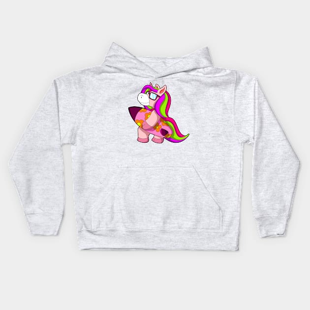 Unicorn as Surfer with Surfboard & Sunglasses Kids Hoodie by Markus Schnabel